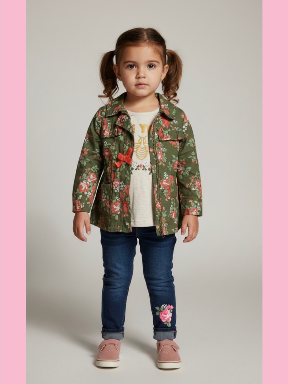 Little Lass -Olive Green Floral Jean Jacket, top, and  Pink Roses jeans